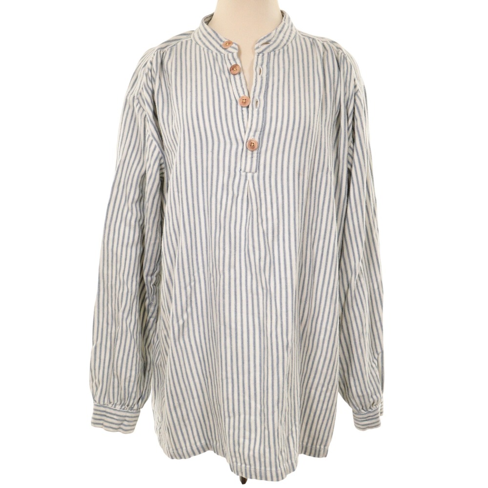 J. Peterman Flannel Shirt Striped Mandarin Collar Henley Blue Cotton Women M